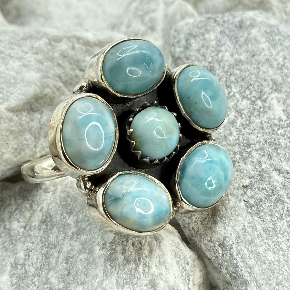 Sterling Silver Larimar Floral Cluster Ring Size 10 Boho Southwestern 925 - Picture 4 of 17